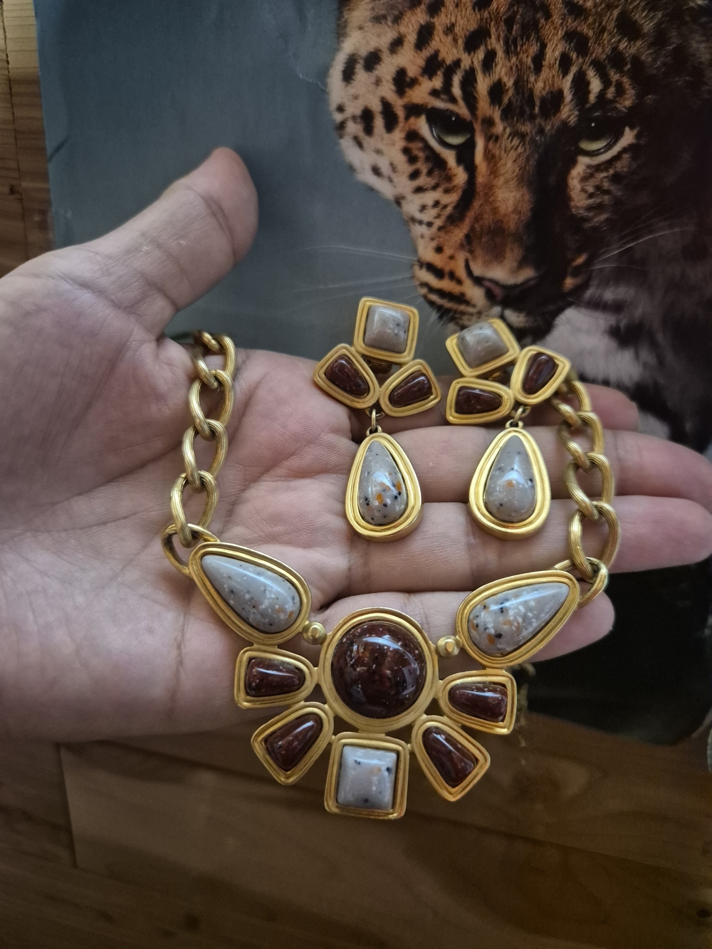 Vintage Avon 1997 Gold Matte Brown & Gray Stone Statement Necklace Set